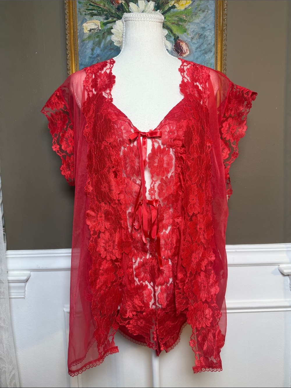 Vintage Alana Gale Red Lace Teddy & Sheer Peignoir Robe Lingerie Set L/2XL